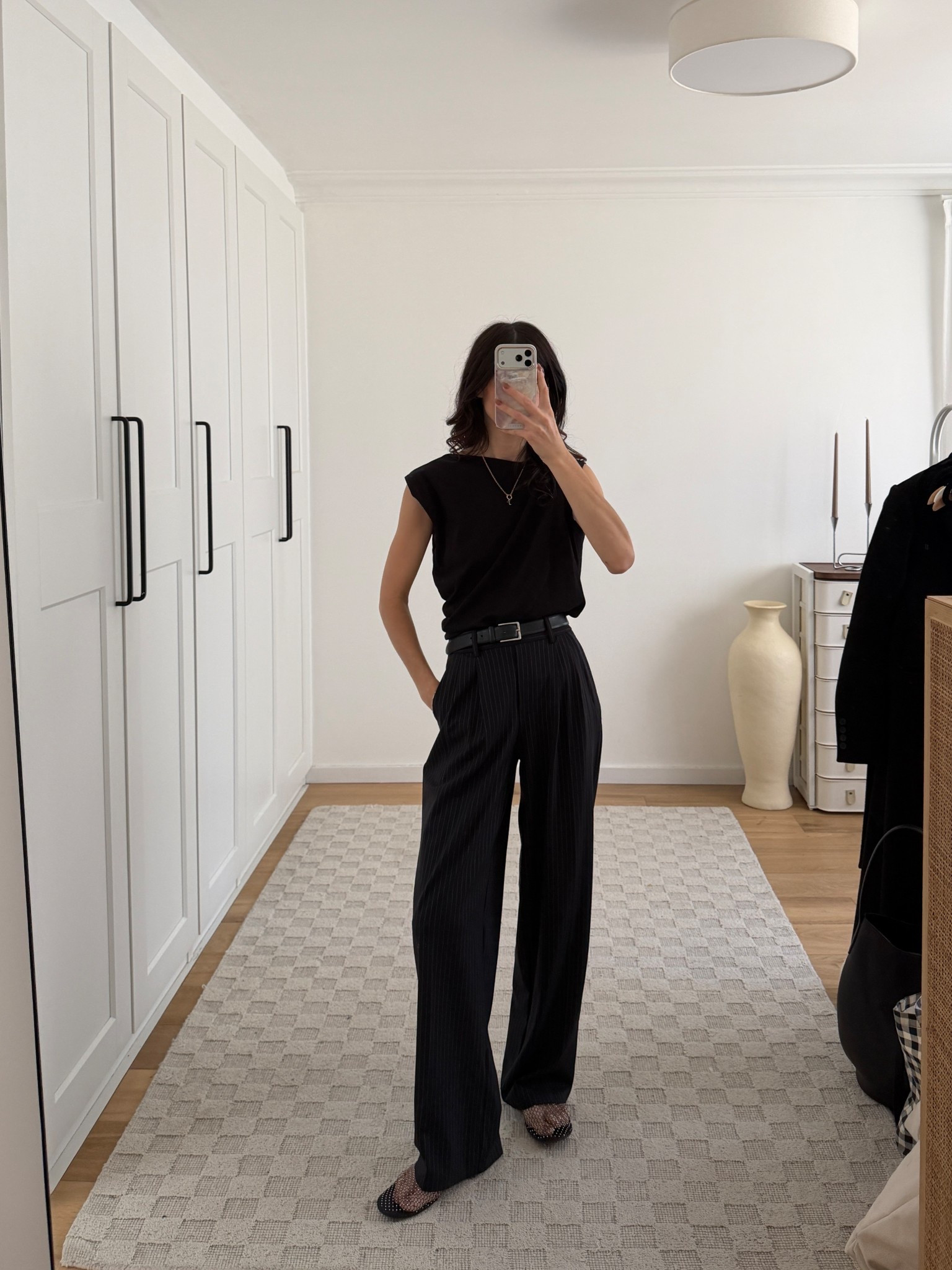 Top is old from Kowtow. Pants are size XS regular, shoes are EU40, and belt is size 70