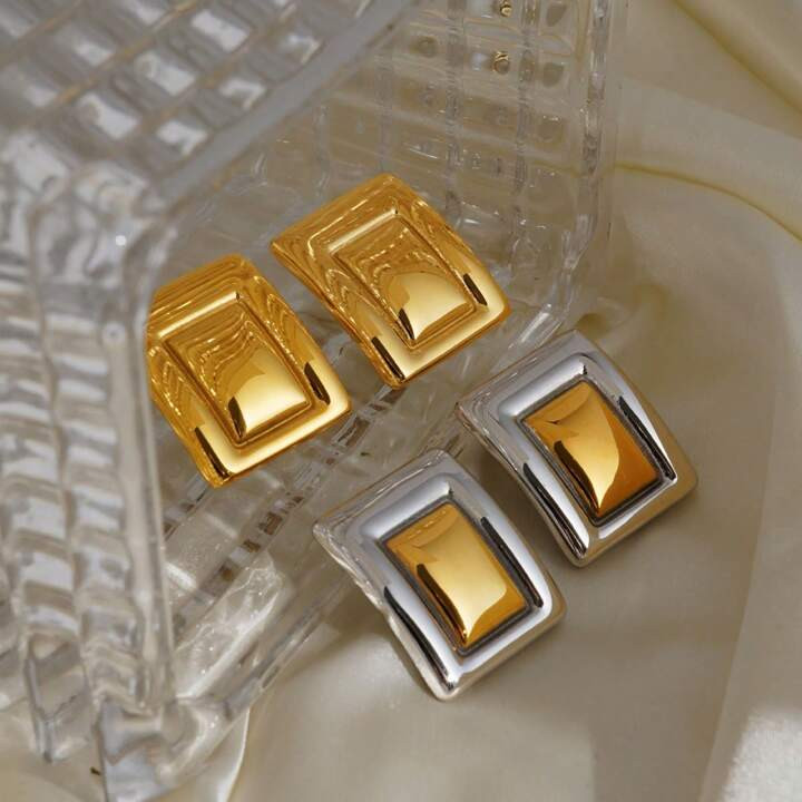 S SHOPBOHO 1Pair Chic Everyday Jewelry Stainless Steel Rectangle Statement Big Earrings Gold | SHEIN