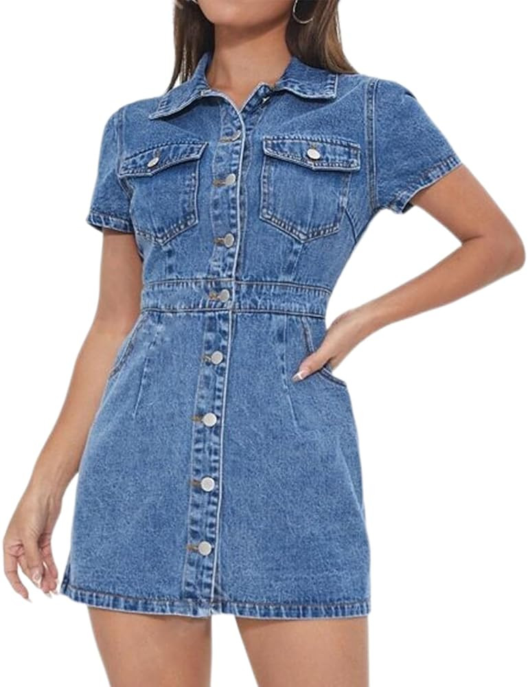 LaiyiVic Denim Bodycon Dresses for Women Short Sleeve Button Down Trendy Mini Denim Dress | Amazon (US)
