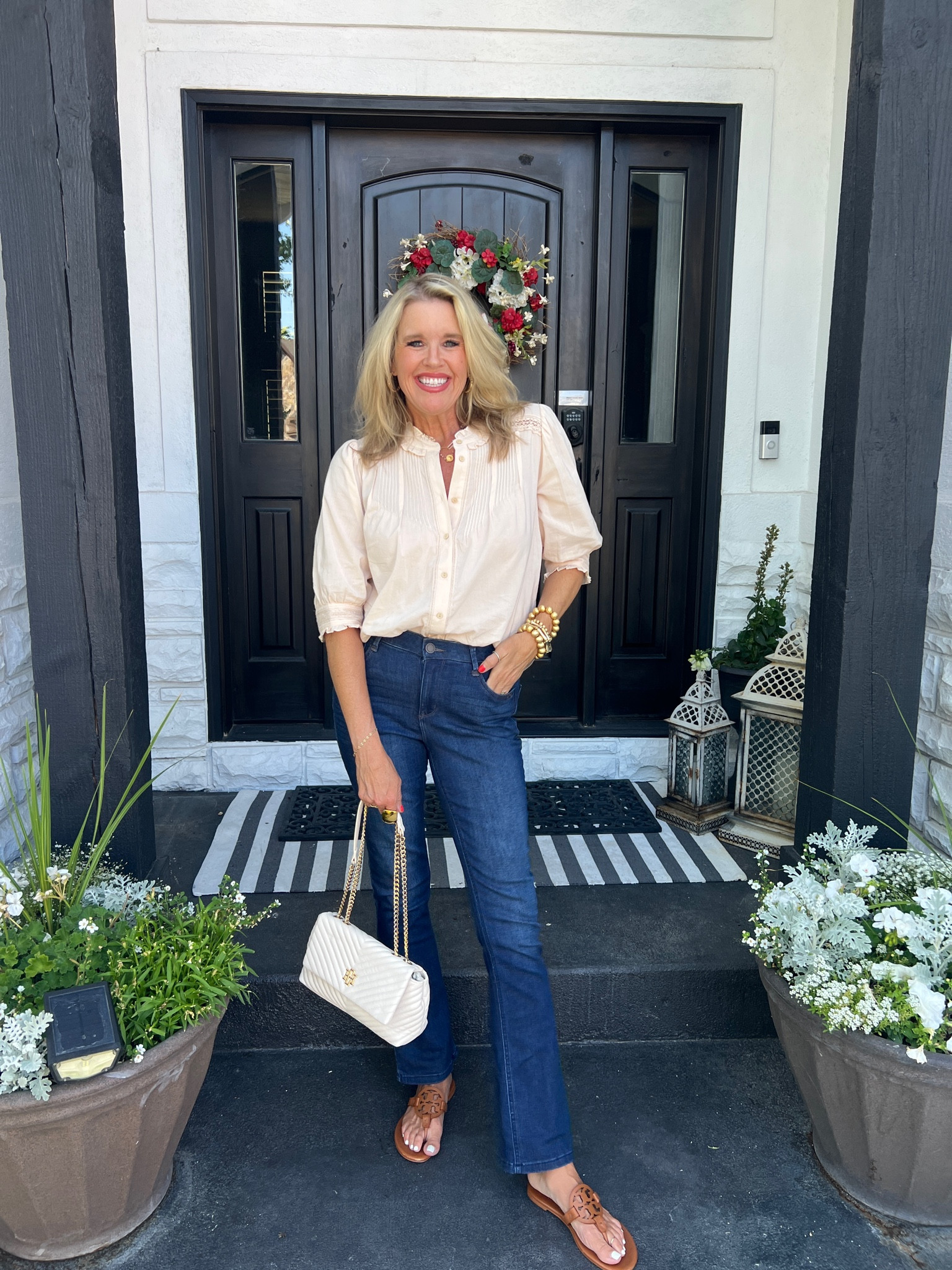 Wit and Wisdom items 

Jeans- itty bitty bootie bootcut/flare 
Sliming, built in tummy control and bum lifter… 

Darling top with lace detail , darling slightly puffed sleeve /elbow not sheer and perfect for now and can be layered!


Catherine quilted bag 

Tory Burch miller sandals 

Lisi lurch jewelry 





#LTKWorkwear #LTKStyleTip #LTKBacktoSchool