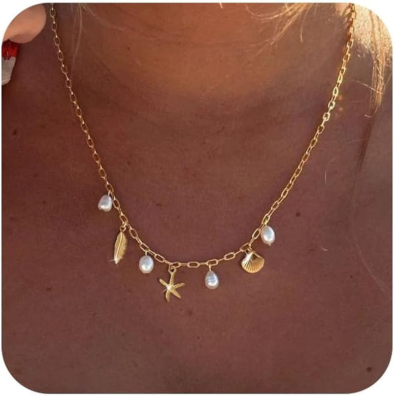 Charm Necklace for Women - Dainty Gold Paperclip Beach Charm Necklace Cute Shell Necklace Moon St... | Amazon (US)