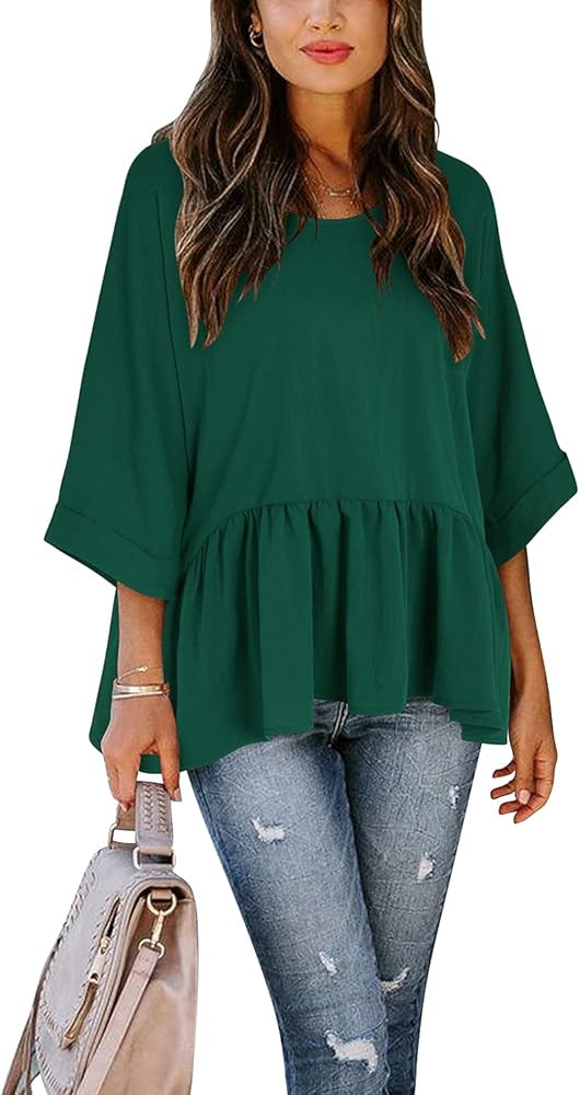 OUGES Women's Loose Peplum Ruffle Hem Short/Half Sleeve Tops Summer Casual Shirt | Amazon (US)