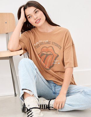 AE Oversized Embroidered Rolling Stones Graphic T-Shirt | American Eagle Outfitters (US & CA)