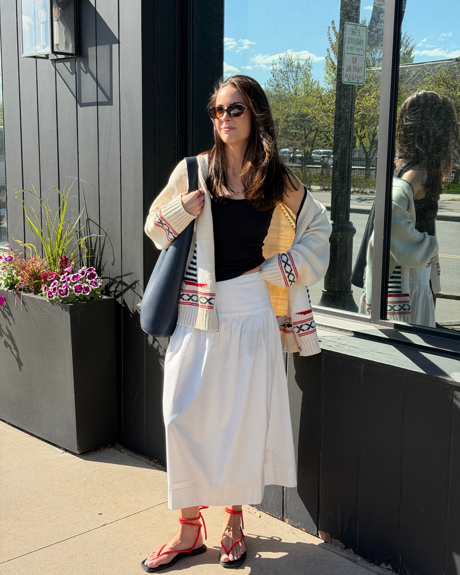 Outfit of the day ⛵️♥️ 
Built in bra tank: true to size (S)
Sailboat cardigan: sized up 1 (M)
White midi skirt: tts (S) 
Red lace up sandals: true to size, size down if between 

Electric picks code TAYLOR20

#LTKootd #LTKSaleAlert #LTKSeasonal