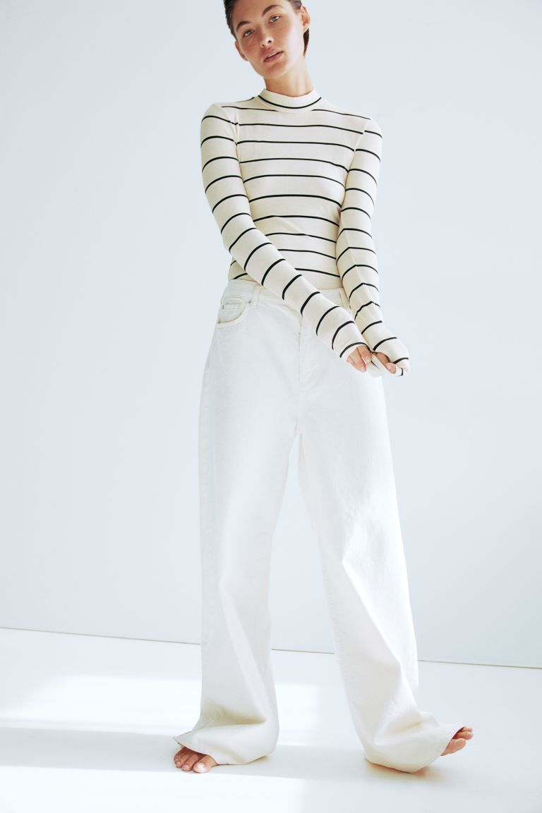 Mock Turtleneck Thong Bodysuit - Cream/striped - Ladies | H&M US | H&M (US + CA)