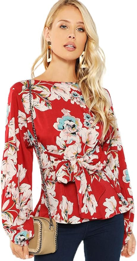 Romwe Women's Floral Print Long Sleeve Self tie Waist Knot Blouse Top | Amazon (US)