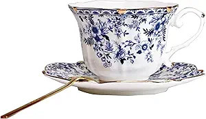 Vintage Floral Porcelain Tea Cup and Saucer Set with Spoon, Gold Trim, 6.4 oz – Set of 1, Blue ... | Amazon (US)