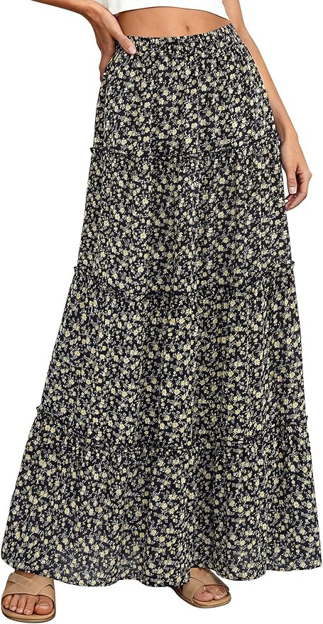 BTFBM Floral Maxi Skirts for Women Summer Spring 2026 Elastic Waist Tiered Flowy Beach Vacation B... | Amazon (US)