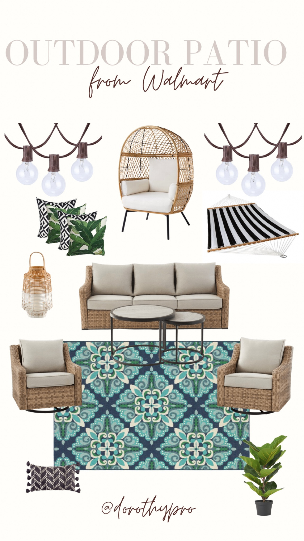 Patio furniture. Walmart outdoor patio set! Egg chair, conversation couch, wicker chairs & coffee table. Outdoor rug, lantern, porch lights, outdoor pillows. 

#LTKhome #LTKsalealert #LTKSeasonal