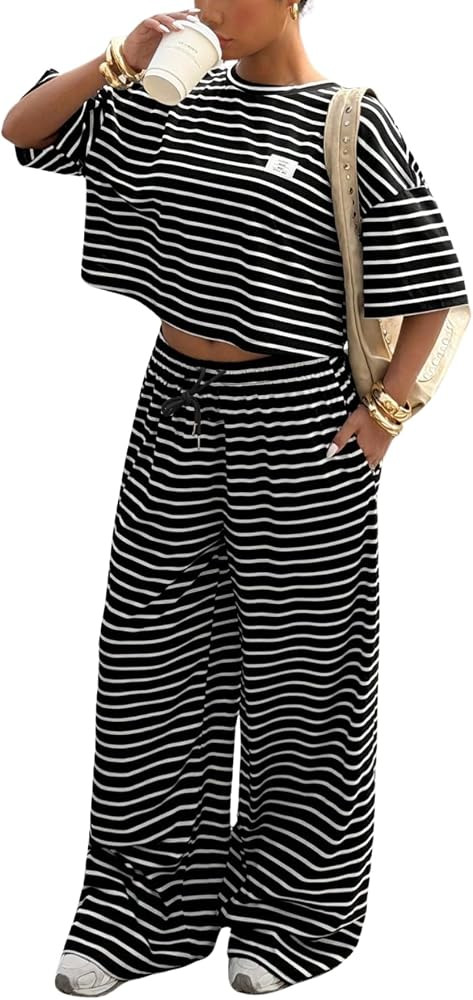 Verdusa Striped Pant Sets Women 2 Piece Outfits Short Sleeve Crop T Shirts and Wide Leg Pants wit... | Amazon (US)