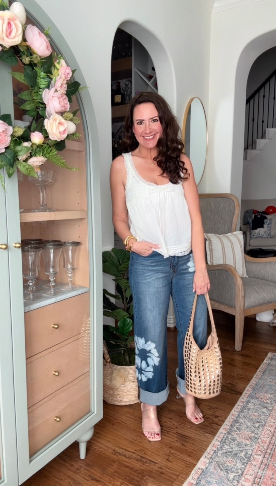 Free people vibes, budget price point! 
Size down in this top that comes in yellow and pink as well and has the prettiest details!
Jeans are tts.
Loving this studded bag!
.


#LTKOver40 #LTKdayinmylife #LTKootd