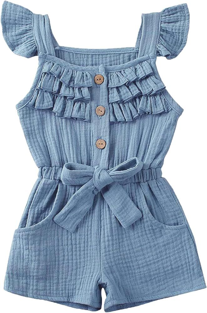 Toddler Baby Girl Romper Jumpsuit Fly Sleeve Bodysuit Ruffle Sleeveless Pockets One Piece Overall Ki | Amazon (US)