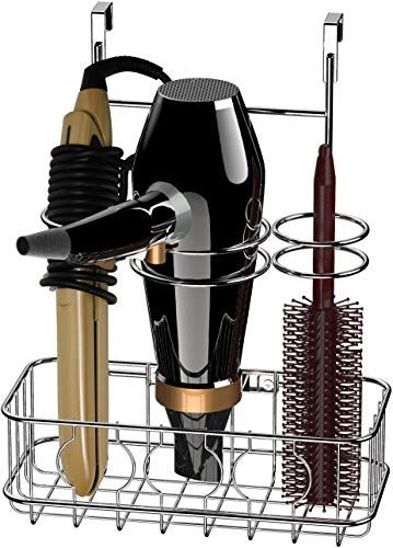 SimpleHouseware Cabinet Door / Wall Mount Hair Dryer & Styling Tools Organizer Storage, Chrome | Amazon (US)