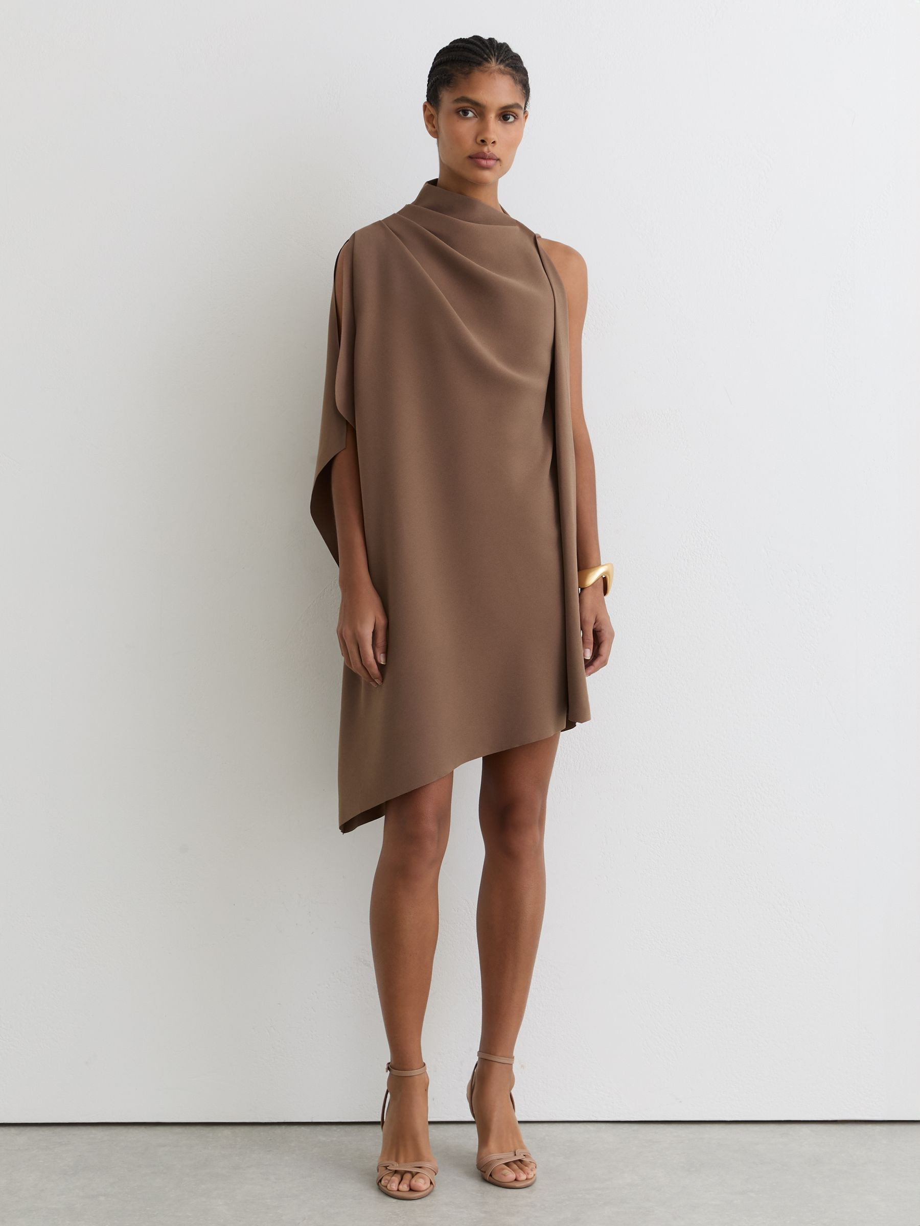 One-Shoulder Draped Mini Dress in Taupe Brown | Reiss UK