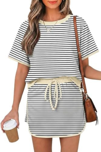 Womens 2 Piece Skort Set 2026 Color Block Short Sleeve Top Drawstring Skort Matching Sets Casual ... | Amazon (US)