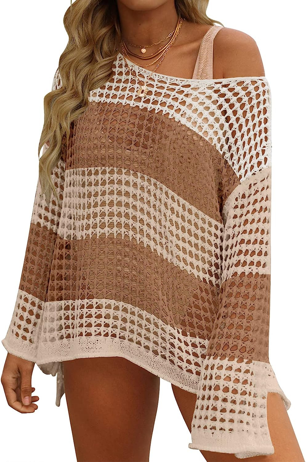 ZESICA Women's 2023 Summer Crochet Hollow Out Long Sleeve Beach Bikini Swimsuit Mesh Cover Up Tun... | Amazon (US)