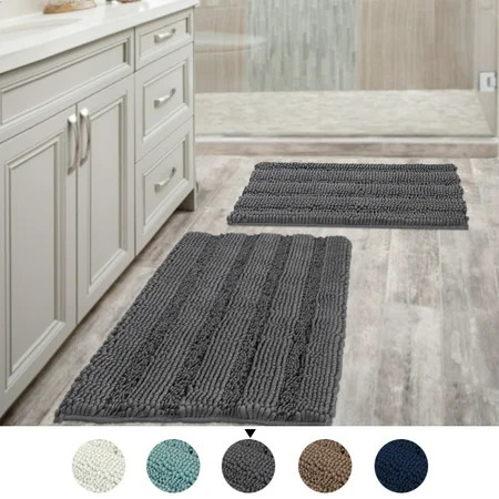 Grey Bath Mat Ultra Thick and Soft Texture Chenille Plush Striped Floor Mats Hand Tufted Bath Rug wi | Walmart (US)