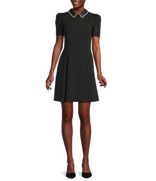 Short Sleeve Scuba Embellished Peter Pan Collar Fit and Flare Dress | Dillard's