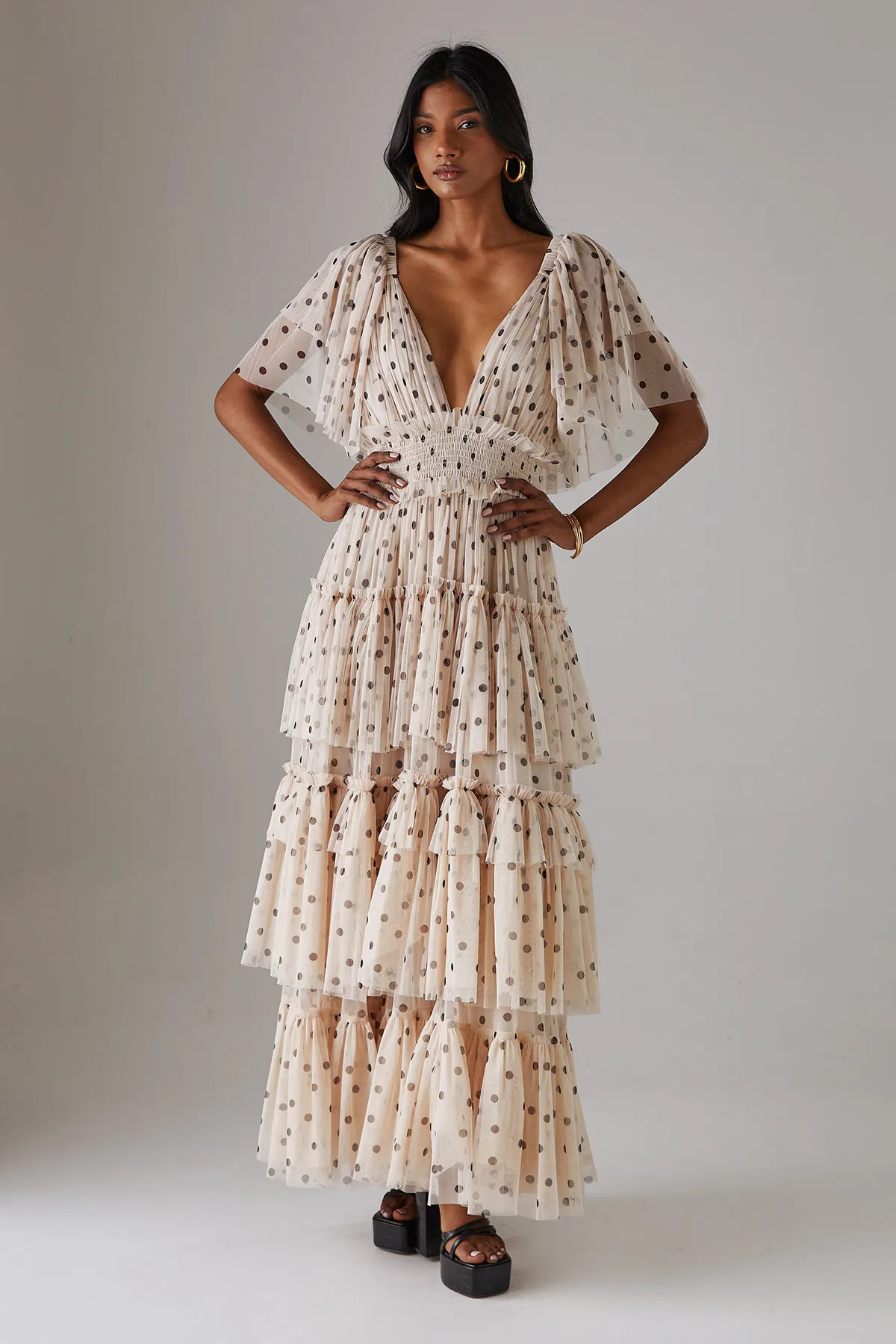 Cream Warehouse Tulle Polka Dot Plunge Neck Flutter Sleeve Tier Maxi Dress | Warehouse | Warehouse UK & IE