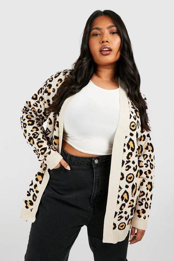 Plus Leopard Knitted Oversized Cardigan | Boohoo.com (US & CA)