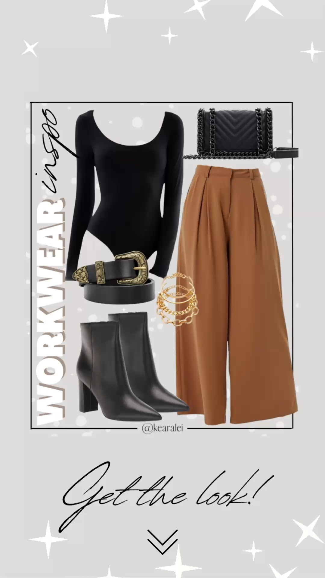 Work outfits teacher outfits fall outfits women workwear business casual office work clothes black bodysuit body suit top with brown camel tan wide leg palazzo pants wide leg dress pants trousers with black western belt gold buckle and black faux leather pointed toe booties boots black purse hand bag handbag gold stacking bracelets budget friendly fashion style affordable fashion looks for less Amazon fashion #workwear #workoutfit #teacher #teacheroutfit #affordable #budget #outfitideas #cuteoutfit
.
.
teacher outfits, business casual, Work blazers Work Wear, workwear
.
Amazon fashion, teacher outfits, business casual, casual outfits, neutrals, street style, Midi skirt, Maxi Dress, Swimsuit, Bikini, Travel, skinny Jeans, Puffer Jackets, Concert Outfits, Cocktail Dresses, Sweater dress, Sweaters, cardigans Fleece Pullovers, hoodies, button-downs, Oversized Sweatshirts, Jeans, High Waisted Leggings, dresses, joggers, fall Fashion, winter fashion, leather jacket, Sherpa jackets, Deals, shacket, Plaid Shirt Jackets, apple watch bands, lounge set, Date Night Outfits, Vacation outfits, Mom jeans, shorts, sunglasses, Disney outfits, Romper, jumpsuit, Airport outfits, biker shorts, Weekender bag, plus size fashion, Stanley cup tumbler
.
boots booties tall over the knee, ankle boots, Chelsea boots, combat boots, pointed toe, chunky sole, heel, high heels, mules, clogs, sneakers, slip on shoes, Nike, adidas, vans, dr. marten’s, ugg slippers, golden goose, sandals, high heels, loafers, Birkenstocks, Steve Madden
.
Target, Abercrombie and fitch, Amazon, Shein, Nordstrom, H&M, forever 21, forever21, Walmart, asos, Nordstrom rack, Nike, adidas, Vans, Quay, Tarte, Sephora, lululemon, free people, j crew jcrew factory, old navy

#LTKootd #LTKWorkwear #LTKSeasonal