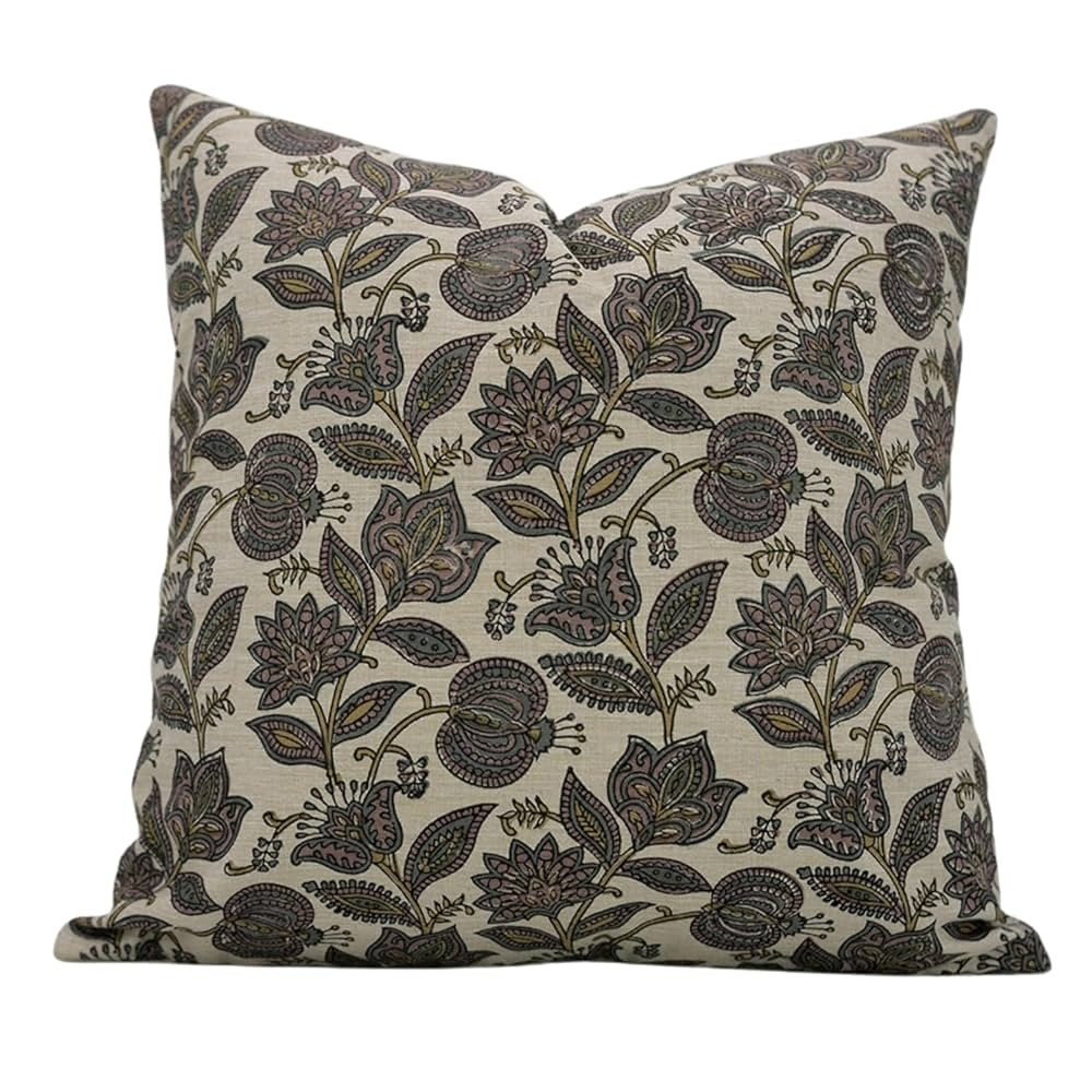 Linen Blend Square 16x16 Inch Handloom Block Brown Floral Print Cushion Cover Decoration for Livi... | Amazon (US)