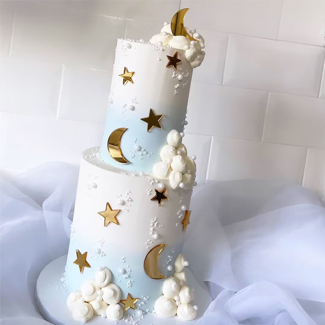 Moon and Stars Cake Charm Bundle, Mirror Acrylic Cake Topper, Christening Cake Decoration, Baby S... | Etsy (US)