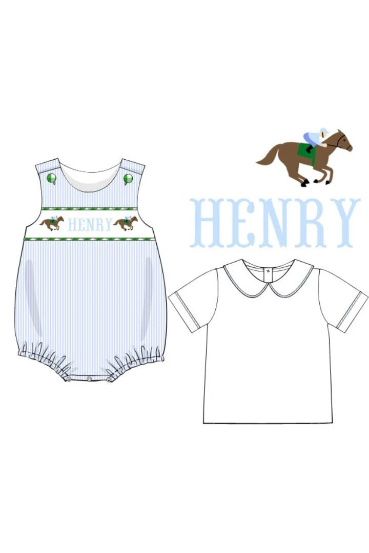 Pre-Order Hand Smocked Off to The Races Blue Gingham Name Bubble | The Smocked Flamingo