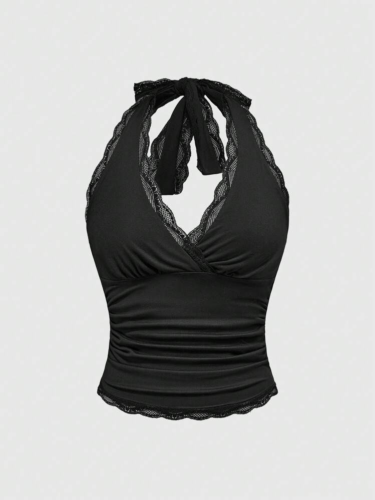 ROMWE Grunge Punk Women Spring Summer Vacation Casual Y2K Everyday Wear Lace Trim Wrap Halter Black Tops, | SHEIN | SHEIN