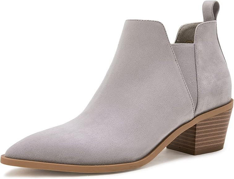 Minshluu Womens Pointed Toe Ankle Boots Stacked Chunky Heel Slip on Western Low Heel Booties | Amazon (US)