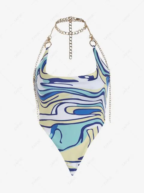 Abstract Print Chain Halter Neck Crop Top | ZAFUL (Global)