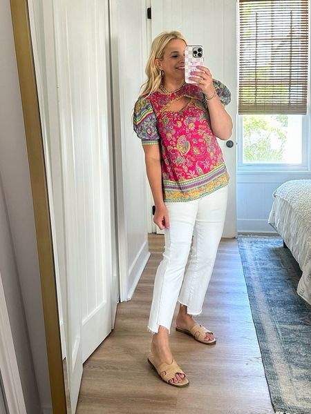 How fun is the cutout and colors of this top! Goes great with white jeans. Wearing small top and size 2 jeans. Code FANCY15 for 15% off 

#LTKfindsunder100 #LTKSeasonal #LTKstyletip