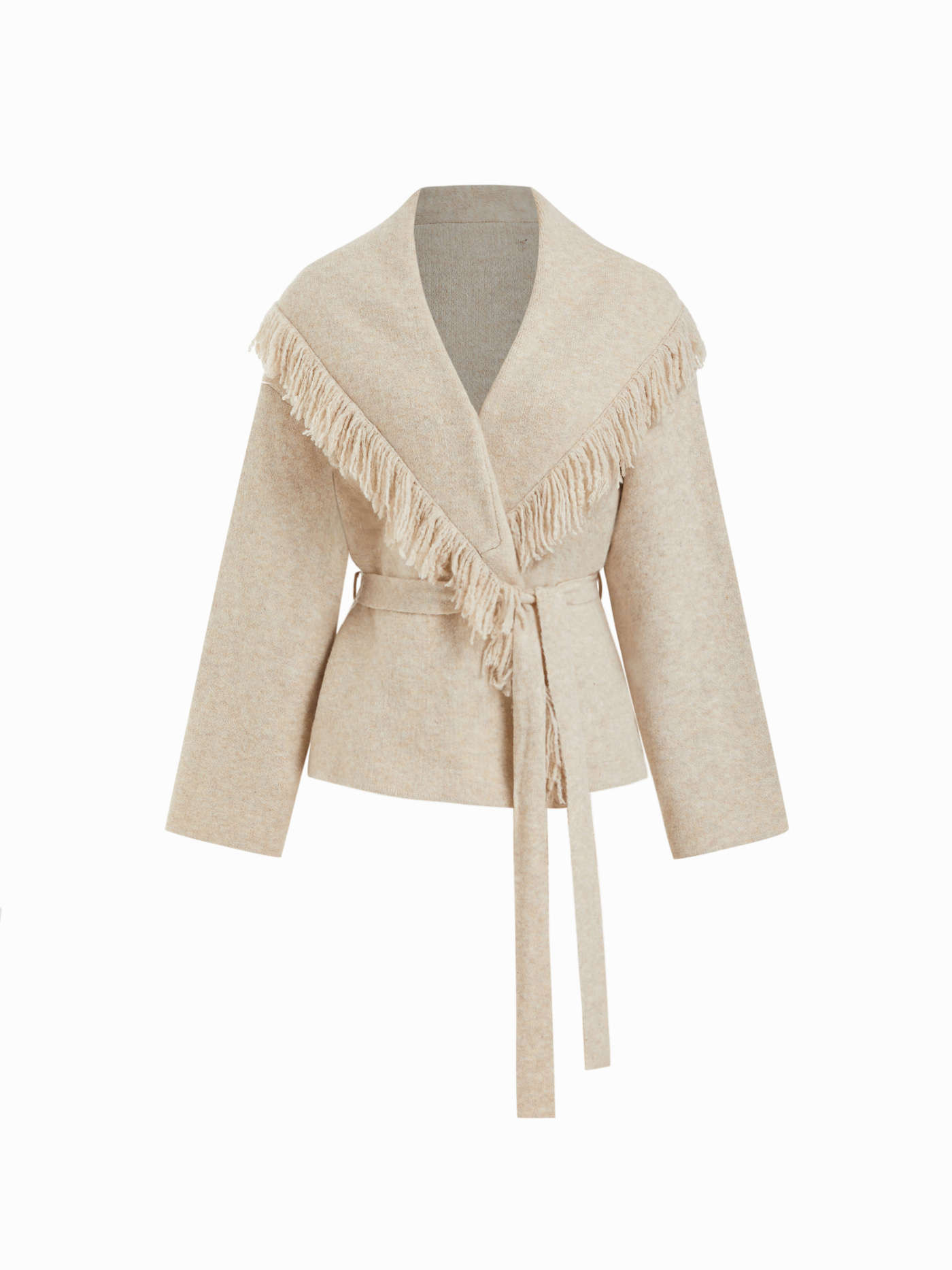 Knit Fabric Fringed Wool-blend Knit Wrap Cardigan With Belt For Work | Cider