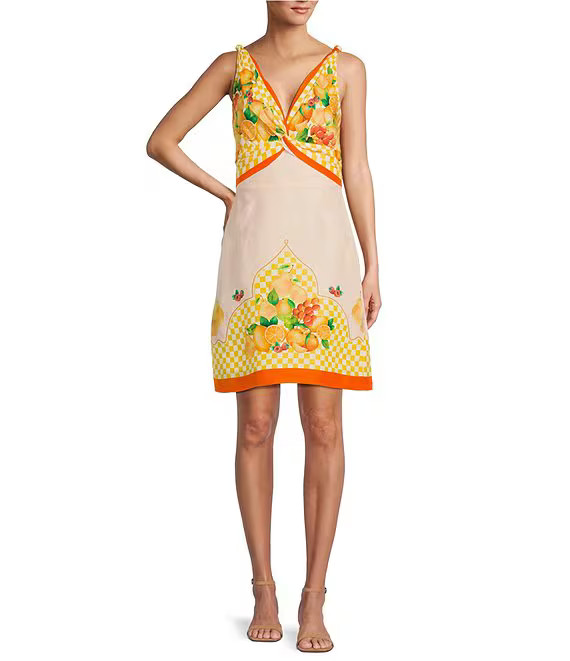 Kacey Fruit Printed Linen V-Neck Sleeveless A-Line Dress | Dillard's
