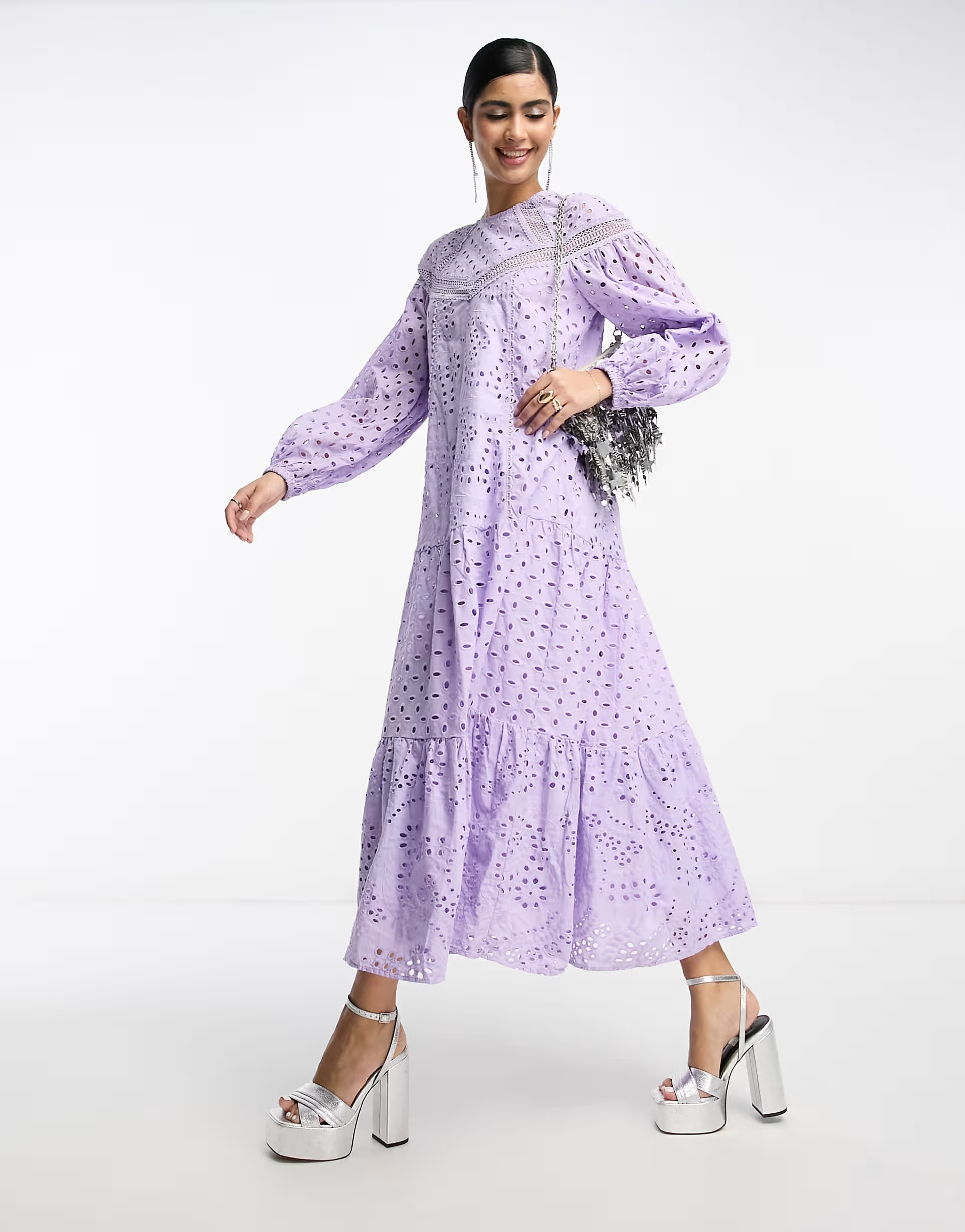 ASOS DESIGN eyelet maxi dress with lace inserts in lilac | ASOS (Global)