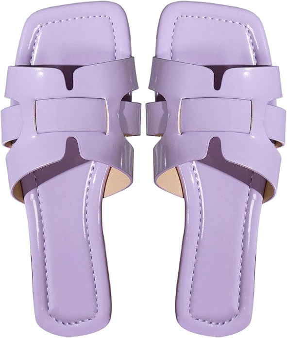MakeMeChic Women's PU Leather Flat Sandals Square Open Toe Slip on Sandals Summer Shoes | Amazon (US)