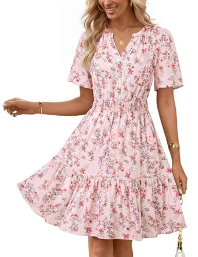 MEROKEETY Women's 2026 Spring Summer Floral Dress V Neck Short Sleeve Button A Line Boho Beach Flowy Vacation Dresses, Apricot, Medium | Amazon (US)