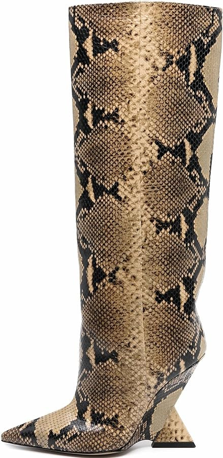 Kluolandi Womens Knee High Boots Sexy Pointed Toe Pull On Strange Wedge Heel Tall Boots for Women | Amazon (US)