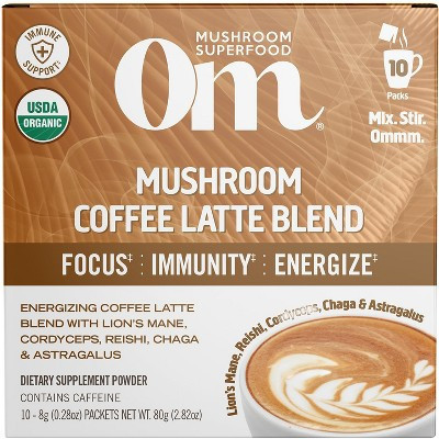 Om Mushrooms Superfood Mushroom Blend, Coffee Latte, 10 Packets, 0.28 oz (8 g) Each | Target