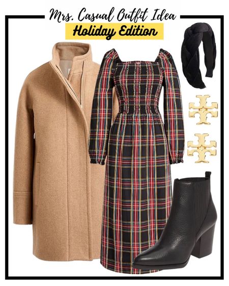 Holiday plaid dress and city camel coat outfit idea ❤️ 

#LTKHoliday #LTKunder100 #LTKunder50
