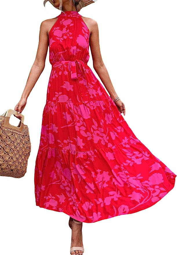 Floerns Women's Sleeveless Halter Neck Vintage Floral Print Maxi Dress | Amazon (US)