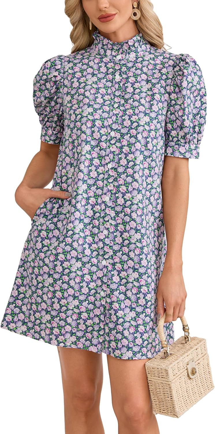 Women's Floral Shirt Mini Dress Short Puff Sleeve Button Down Ruffle Collar 2026 Summer Boho Beach Dress | Amazon (US)