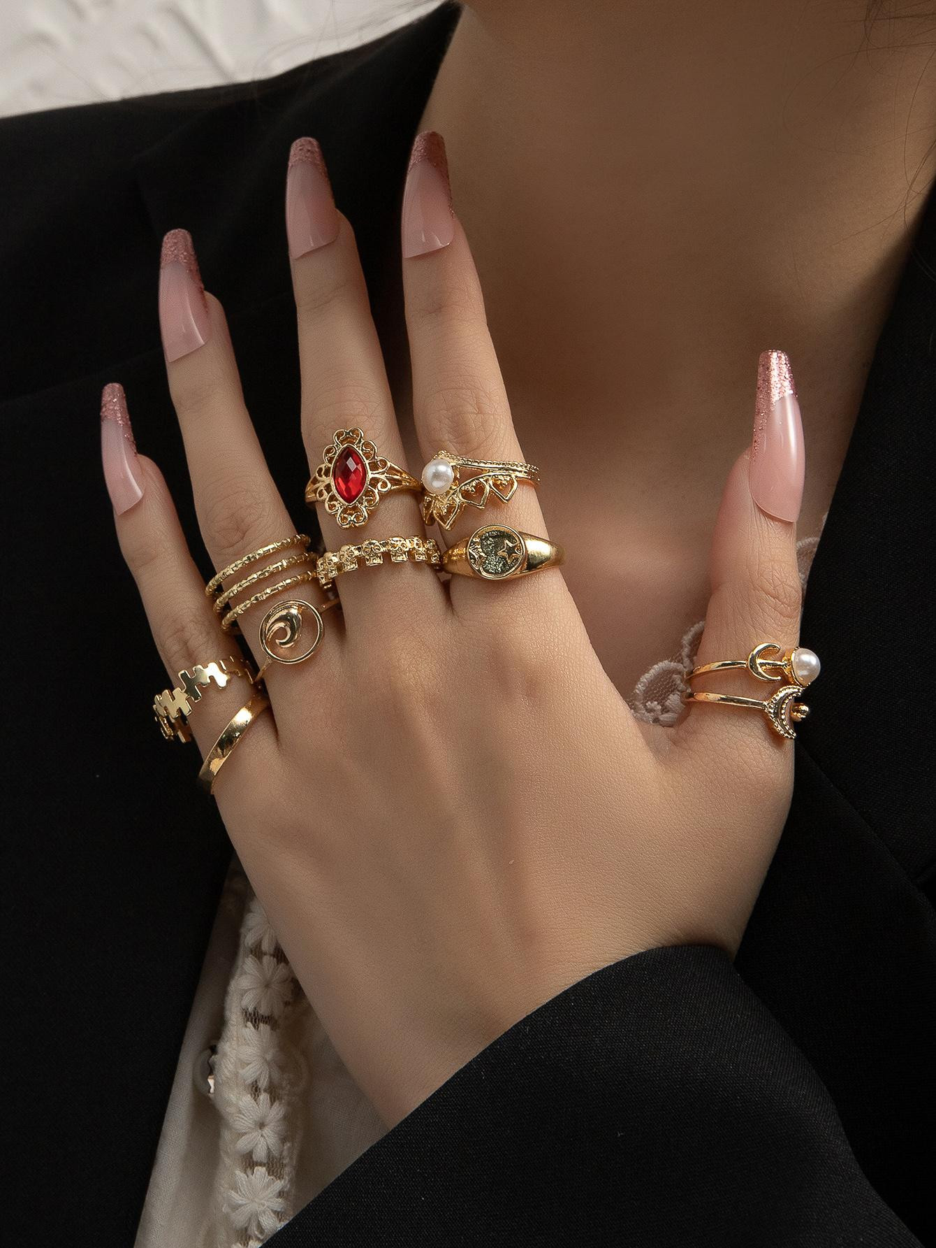 10pcs/Set Women's Alloy Moon Skull Faux Pearl Ruby & Yellow Color Ring Set For Date | SHEIN