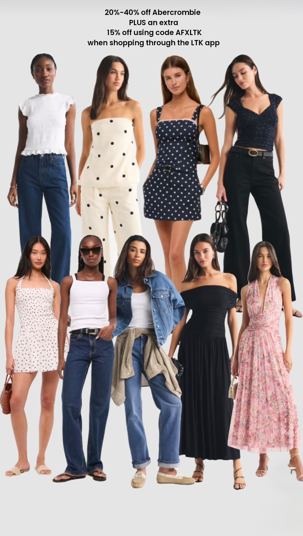 20%-40% off Abercrombie PLUS an extra 15% off using code AFXLTK when shopping through the LTK app ✨

• summer dresses wedding guest outfit pink midi maxi dress black off the shoulder Bardot black tie evening dress date night outfits polka dot shirred mini white dress relaxed high waisted straight leg jeans polka dot bandeau top black corset jean a nice top going out outfits night out outfit womens uk trendy 2026 vacation outfits holiday outfit dinner date night navy top pub uk •




#LTKuk #LTKdatenight #LTKspring