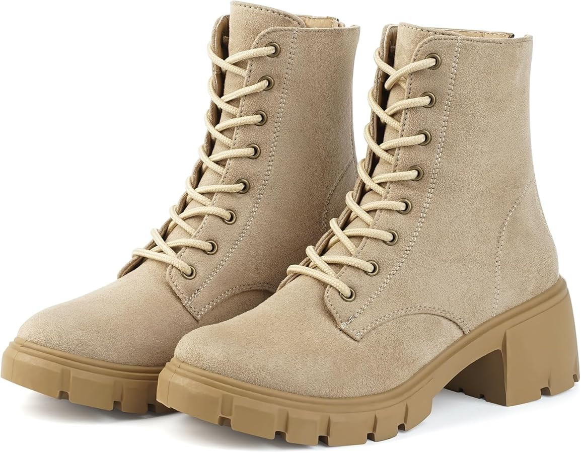 MUSSHOE Women's Ankle Bootie Lace-up Combat Boots Womens Suede Boots for Women Zipper | Amazon (US)