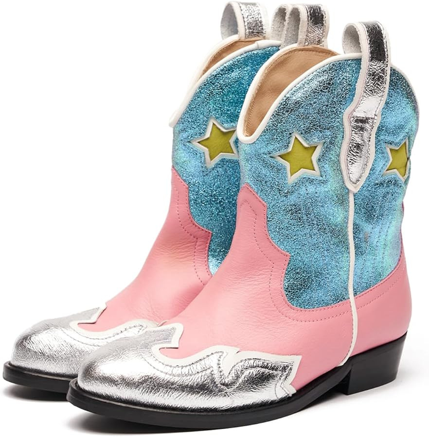 Kids Cowboy Boots Girls Mid Calf Cowgirl Western Boots Round Toe Pull on Splicing Riding Shoes fo... | Amazon (US)