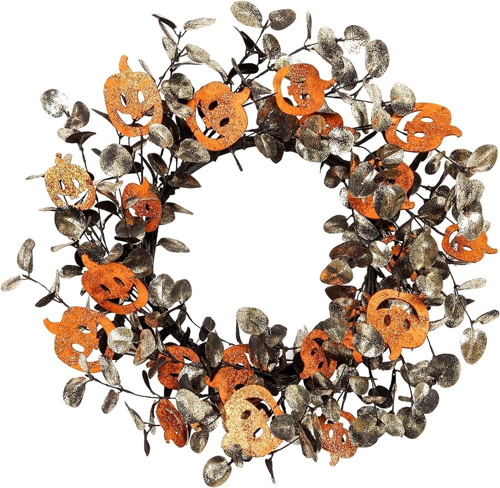 18 Inch Halloween Wreath Pumpkin Wreath with Glitter Decorations Fall Decorations with Wood Pumpk... | Amazon (US)