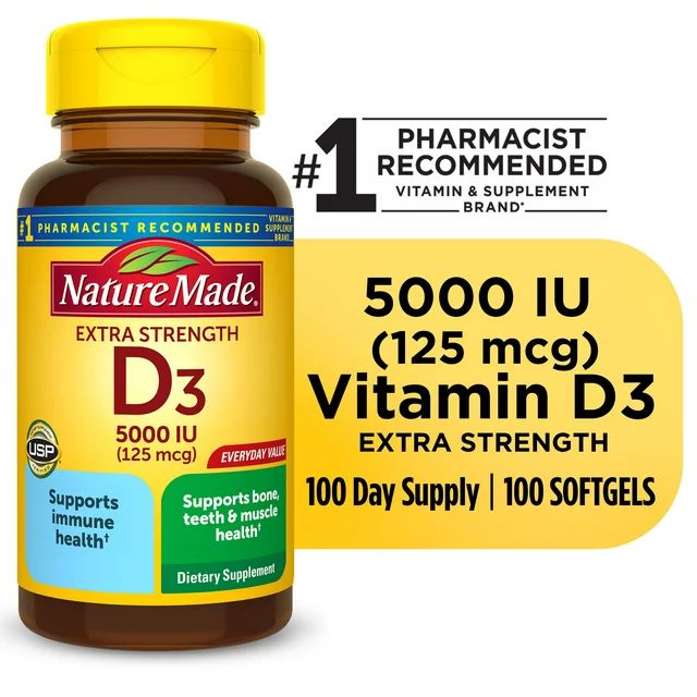 Nature Made Extra Strength Vitamin D3 5000 IU (125 mcg) Softgels, Dietary Supplement for Bone and... | Walmart (US)