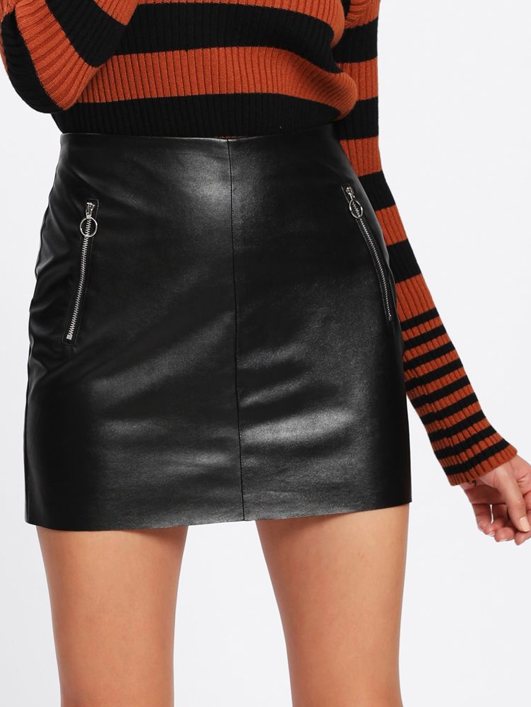 O-Ring Zip Detail Faux Leather Skirt | SHEIN