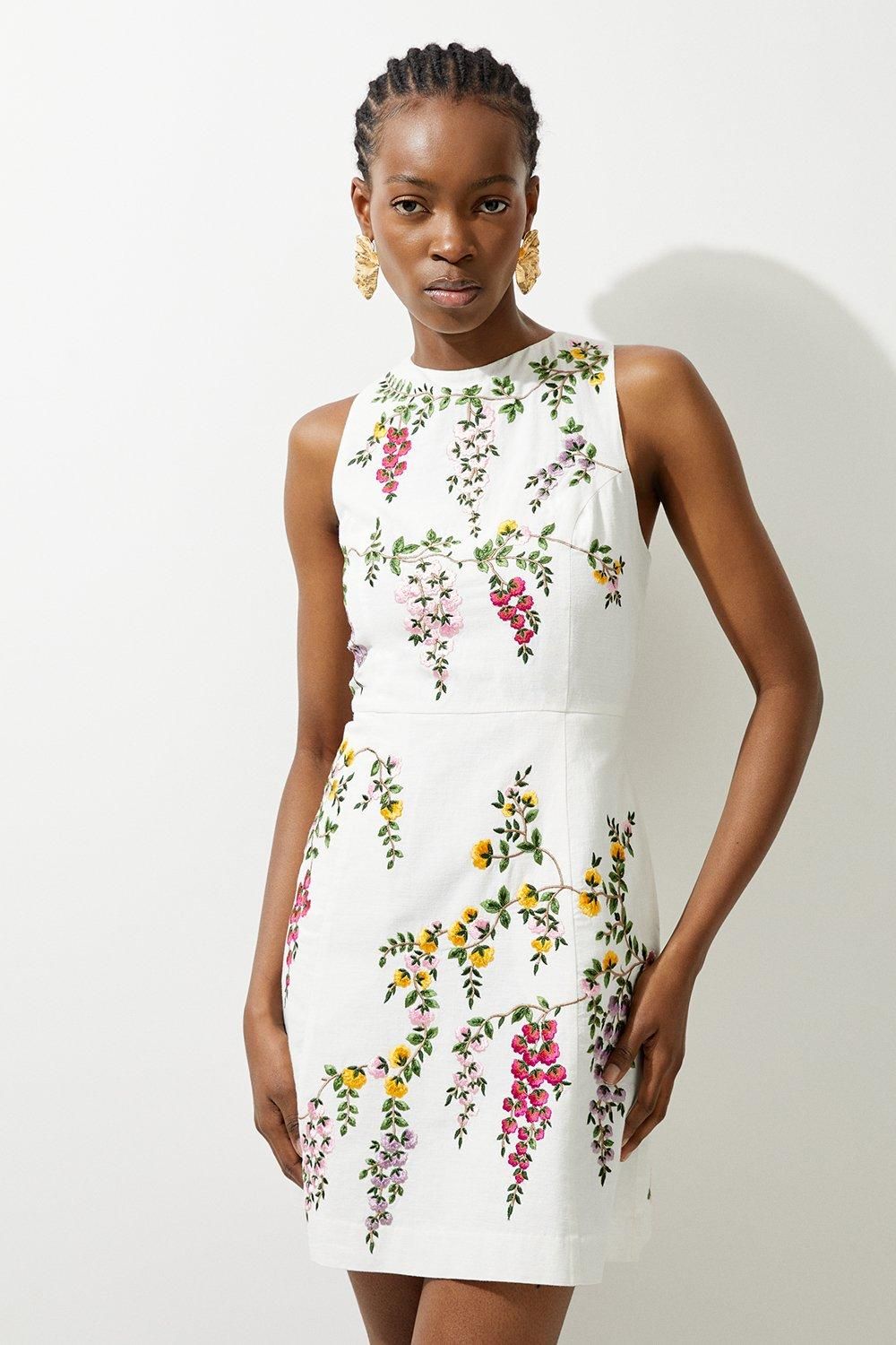 Floral Embroidered Cotton Linen Woven Mini Dress | Karen Millen UK + IE + DE + NL